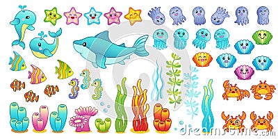 a big set of cute sea creatures, tropical fish, jellyfish, algae Vector Illustration